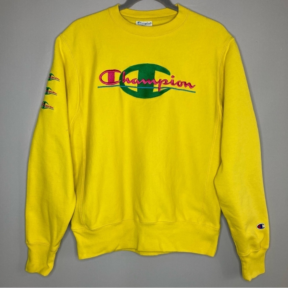 Vintage Champion Embroidered Sweatshirt Womens S Yellow Pullover 80s 90s Y2K VTG